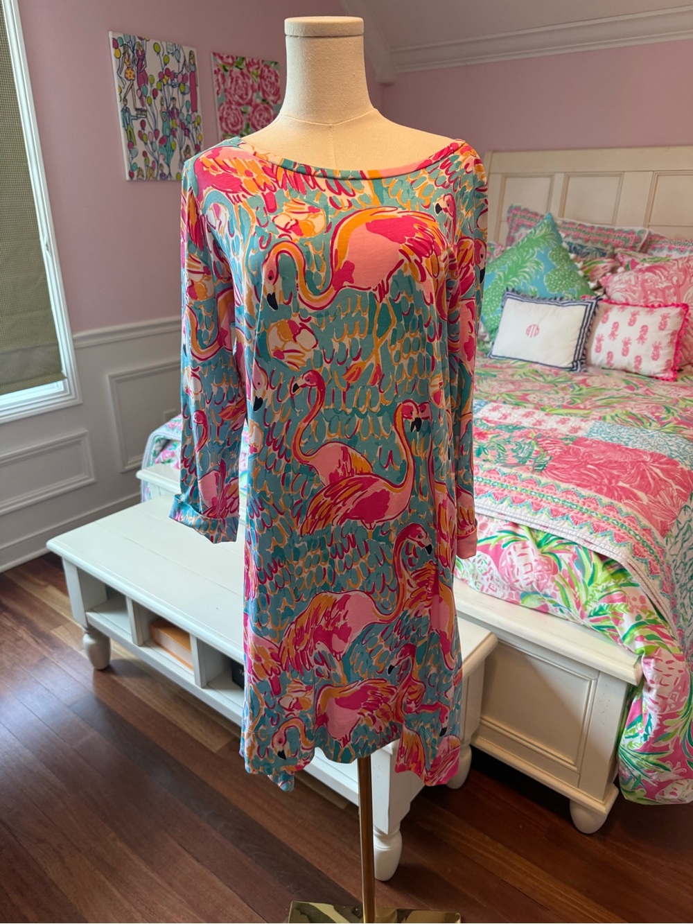 Lilly Pulitzer Pink & Turquoise Flamingo Print Shift Dress